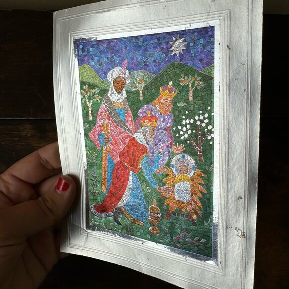 Vintage Jandro Metallic Foil Mosaic Textured Print Jesus Three Kings Nativity - Picture 2 of 7